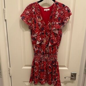 Parker Red Floral Blue Yellow White Print V-Neck Ruffle Elastic Mini Dress XS